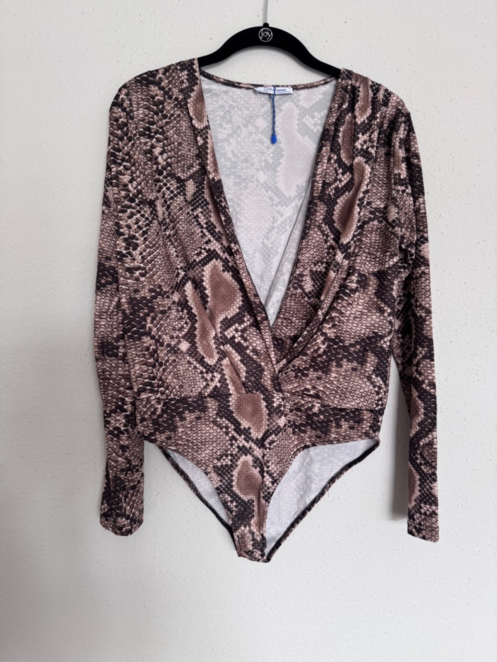Zara Women Snakeprint Bodysuit Longsleeve V Going Out Brown Stretch Size Medium